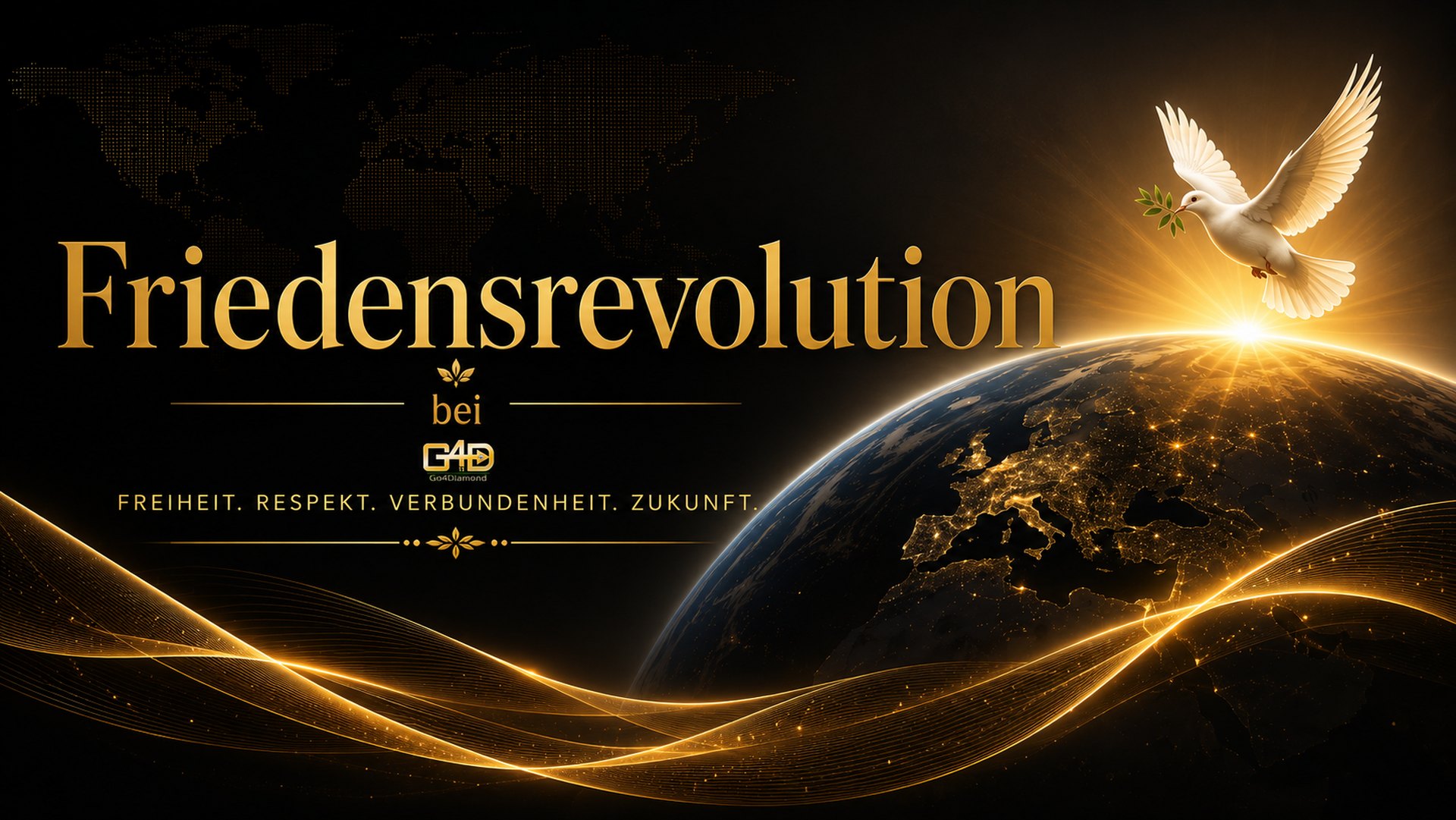 Friedensrevolution — eine weiße Friedenstaube mit Olivenzweig über der Erdkugel, darunter goldene Wellen. Freiheit. Respekt. Verbundenheit. Zukunft.